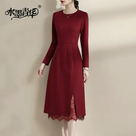 【1件7.9折】春季新品百搭打底裙显瘦中长款蕾丝拼接红色连衣裙图片