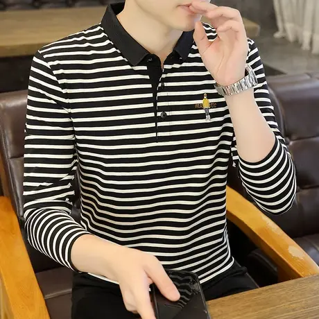 春秋季条纹长袖男士polo衫潮牌保罗衫修身内搭翻领T恤带领秋衣ins图片