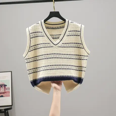2023春秋新品V领条纹针织衫无袖套头马甲背心韩版宽松毛衣女上衣商品大图