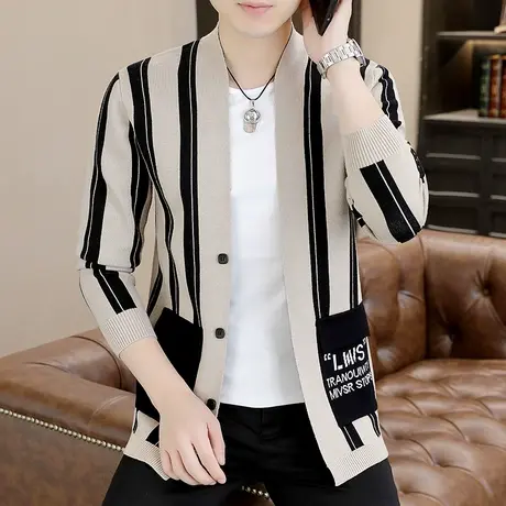 毛衣男秋季外套潮流韩版带口袋针织衫上衣撞色条纹无扣开衫线披风商品大图