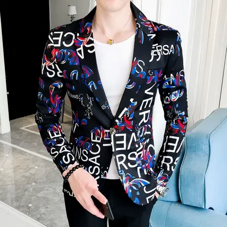 夜场个性花西服男士秋季韩版薄款休闲单上衣外套潮流修身型小西装图片