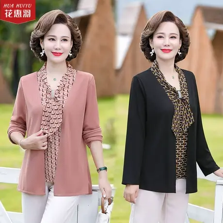 新款秋装妈妈时尚上衣高贵中年妇女假两件打底衫中老年春秋针织衫商品大图