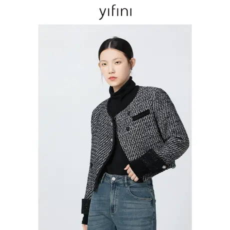 Yifini/易菲宽松短款小香风羽绒外套女秋冬新款千鸟格上衣商品大图