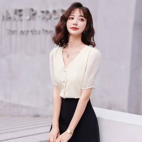 时尚气质泡泡袖V领衬衫2022年夏季新款淑女温柔甜美显瘦百搭上衣商品大图