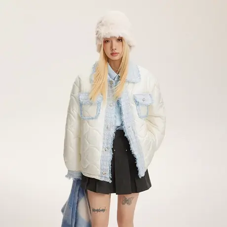 复古小香风拼接棉服女冬季夹棉外套2023年新款设计感编织宽松棉衣商品大图