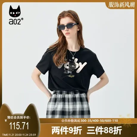 【趣玩】a02百搭T恤女2023夏季新品宽松休闲圆领印花T恤纯棉短袖图片