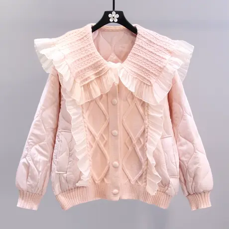 娃娃领针织蕾丝加厚棉服女冬季2023新款宽松设计感保暖棉衣外套图片