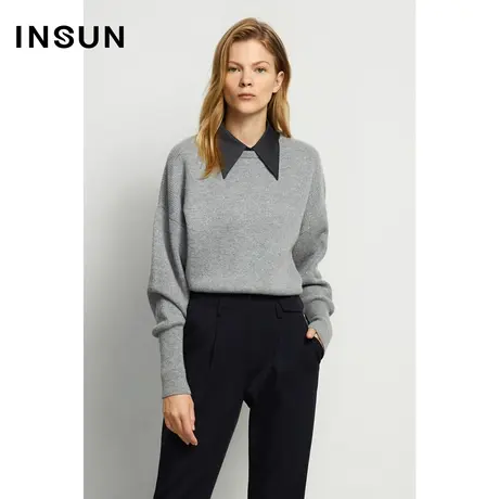 INSUN恩裳冬季衬衫领珠片羊毛毛针织衫商品大图