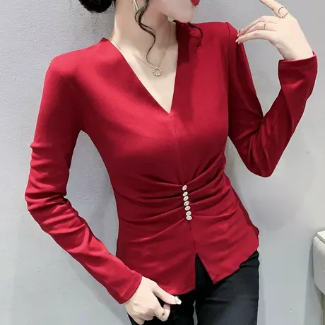 时尚V领褶皱长袖T恤女士欧货下摆开叉洋气别致上衣显瘦百搭打底衫图片