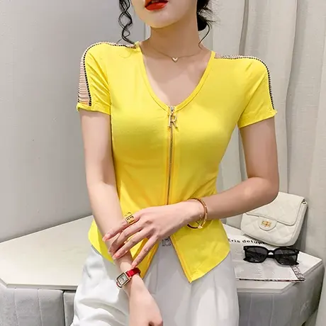 2024夏装新款时尚拉链上衣女短袖洋气设计感镂空T恤紧身高腰小衫图片