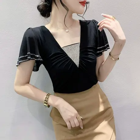 2024夏季新款性感V领网纱上衣女短袖气质荷叶边小衫重工烫钻T恤潮图片