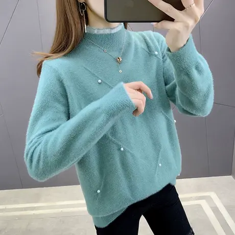 秋冬新款水貂绒女士毛衣纯色钉珠半高领宽松外穿针织衫洋气时尚潮商品大图