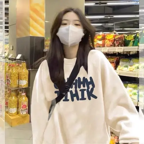 纯棉圆领卫衣女2023新款爆款韩系慵懒风宽松今年流行杏色加绒上衣商品大图