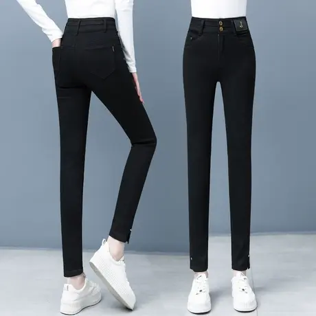 黑色钉珠牛仔小脚裤女高腰弹力修身显瘦2024年秋季新款开叉铅笔裤商品大图