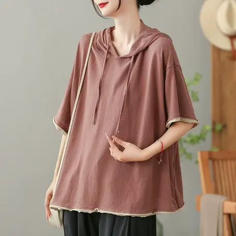 dza假两件连帽短袖T恤女2023夏薄款纯棉打底体恤宽松外搭套头上衣商品大图