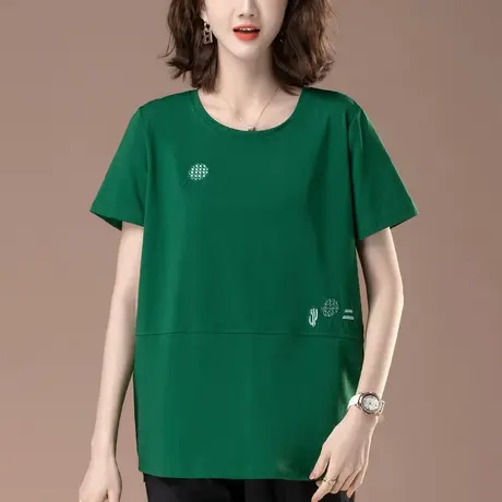 中年妈妈短袖T恤女夏季新款加肥加大码女装宽松刺绣纯棉显瘦体恤商品大图