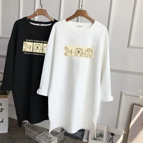 白色长袖T恤女士秋季2022新款宽松中长款印花磨毛上衣纯棉打底衫图片