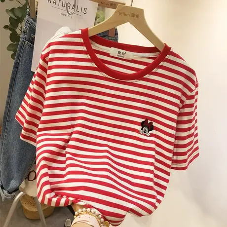 短袖t恤女夏季2020新款韩版ins潮卡通百搭休闲条纹宽松显瘦上衣服商品大图