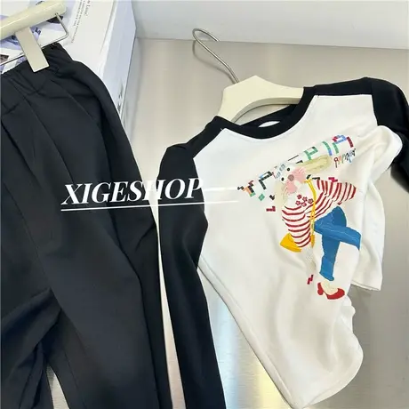 卡通印花拼色长袖t恤女春季复古辣妹美式修身短款打底上衣体恤ins商品大图