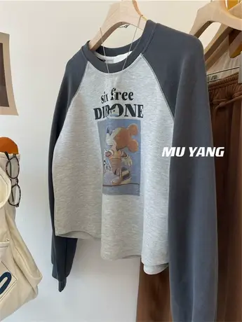 韩国秋冬装 磨毛插肩袖米奇印花长袖T恤 卡通休闲套头百搭上衣女图片