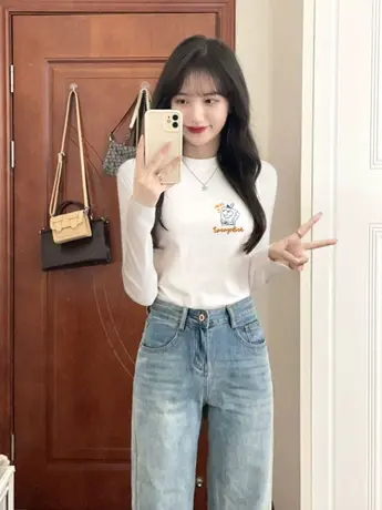 白色仿棉长袖t恤女2023新款秋冬季加绒内搭打底衫今年流行的上衣商品大图