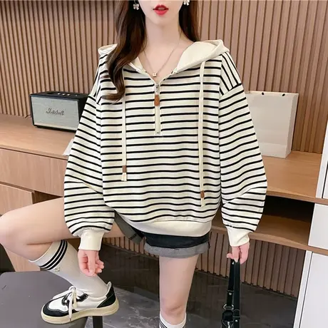 设计感小众连帽卫衣女春秋季韩版宽松薄款小个子百搭条纹开衫外套商品大图