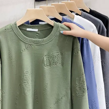 2023新款德绒立体压花长袖T恤男圆领宽松保暖体恤男装秋冬打底衫商品大图