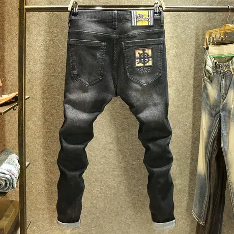 秋冬款水洗猫须牛仔裤男款修身小脚弹力裤子黑色时尚百搭加绒长裤商品大图