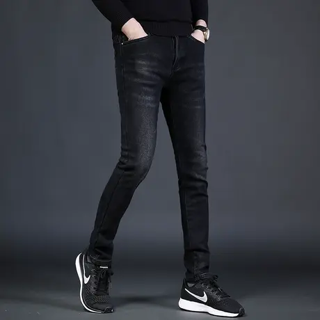 高端黑色牛仔裤男秋季厚款修身小脚2022新款潮牌弹力百搭男士裤子商品大图