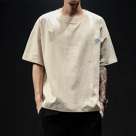 夏季日系亚麻短袖T恤男2021新款宽松胖子潮流纯棉半袖潮牌打底衫商品大图