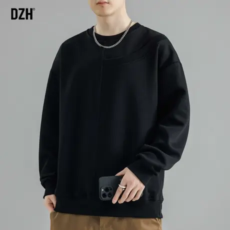 男士黑色螺纹拼接卫衣男纯色宽松春秋款打底衫男款2024年新款内搭商品大图