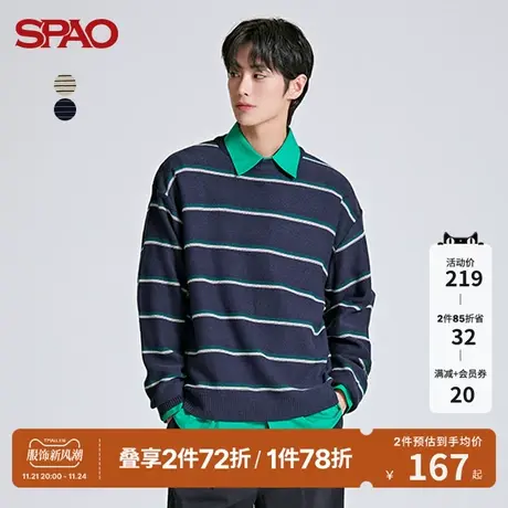 SPAO男士韩国同款春季新款条纹圆领休闲套头毛衣SPKWC4TC02商品大图
