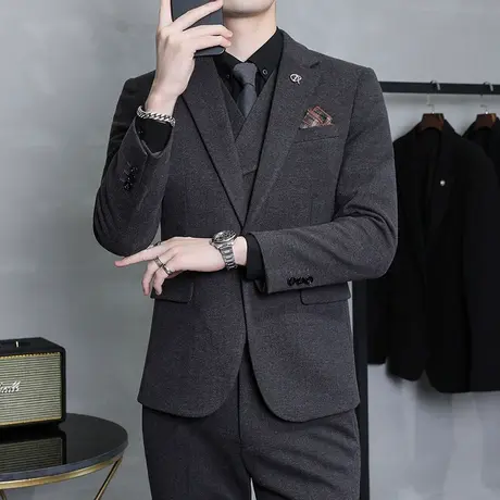 西服套装男三件套秋冬加厚毛呢垂感外套英伦修身痞帅新郎结婚礼服图片