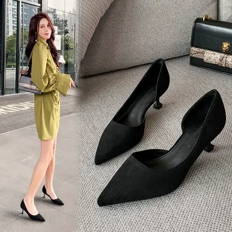 2023春季新款黑色百搭高跟鞋女细跟性感侧空法式少女职业尖头单鞋图片
