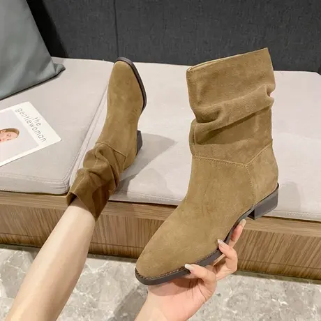 尖头短靴女粗跟2022秋冬新款时尚小个子百搭堆堆靴法式复古瘦瘦靴商品大图