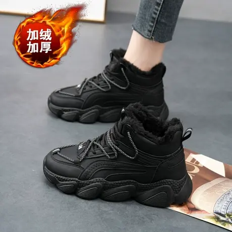 全黑色大棉鞋女加绒老爹鞋2022新款冬季皮面运动鞋防水防滑工作鞋商品大图