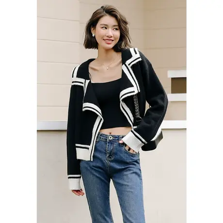 弥古小香风针织开衫上衣女小众设计感宽松大翻领毛衣外套2023秋装图片