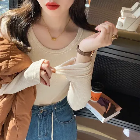 简约纯色长袖T恤女冬季2023新款修身显瘦加绒加厚内搭打底衫上衣图片