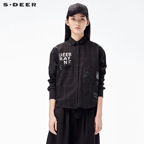 sdeer圣迪奥2019春装学院风字母印花贴袋长袖格子衬衫女S17380578图片
