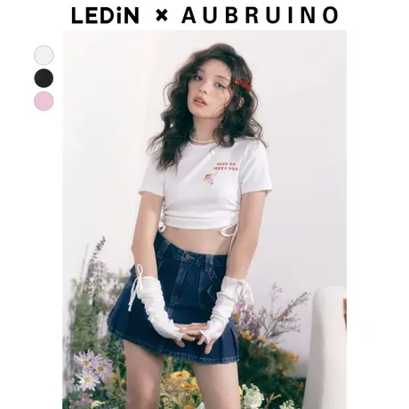 LEDIN×AUBRUINO设计师联名款 乐町abg辣妹修身短袖23春夏抽绳T恤商品大图