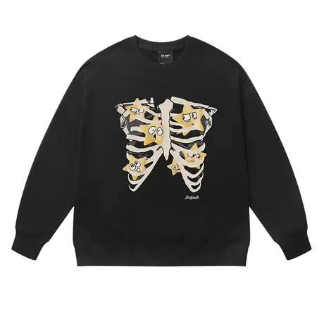 美式高街小众设计感骷髅星星印花圆领卫衣宽松休闲纯棉情侣上衣商品大图