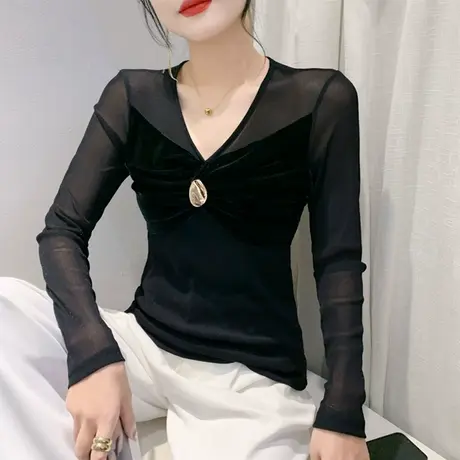 性感时尚V领打底衫春秋2024新款镂空丝绒拼接上衣女修身长袖T恤潮商品大图