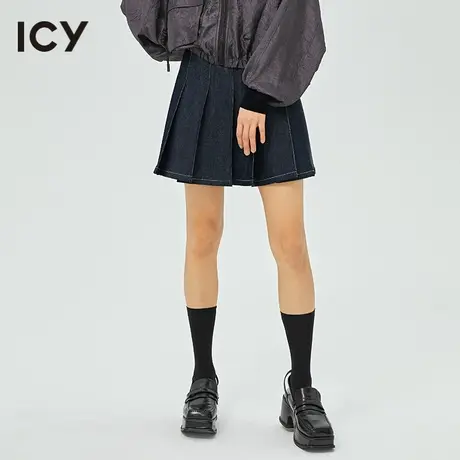 icy春秋新款减龄复古气质休闲纯棉牛仔拼接明线百褶半身短裙图片