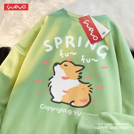 悦游 春风柯基 春季多巴胺绿宽松圆领印花卫衣男卡通原创图片