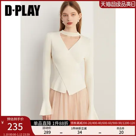 DPLAY春通勤白色修身半高领喇叭长袖交叉叠门襟针织衫毛衣女商品大图