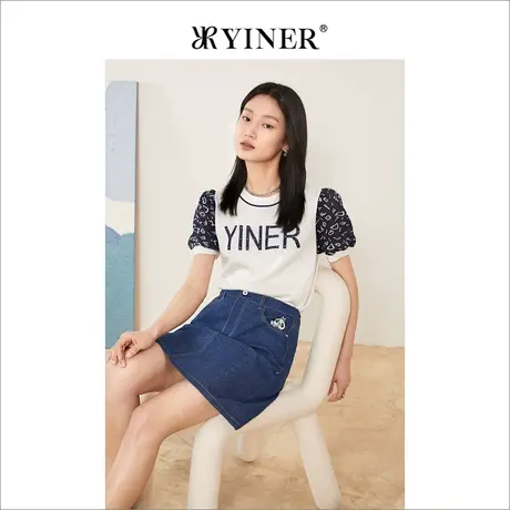 YINER音儿线上专选女装2022夏季亮钻字母印花圆领针织衫商品大图