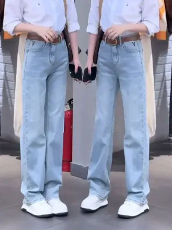 2024年早春新款腰带牛仔阔腿裤女高腰遮肉显高显瘦港风复古拖地裤商品大图