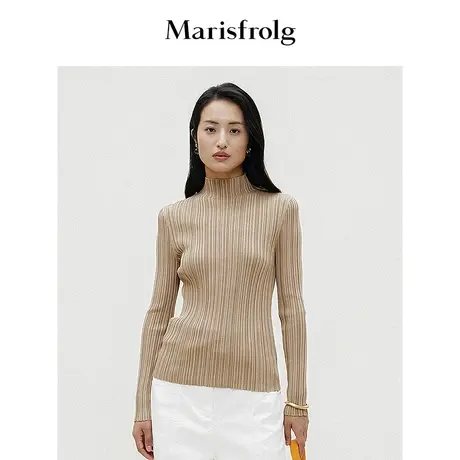 玛丝菲尔春季新款卡其色半高领针织衫上衣打底内搭图片