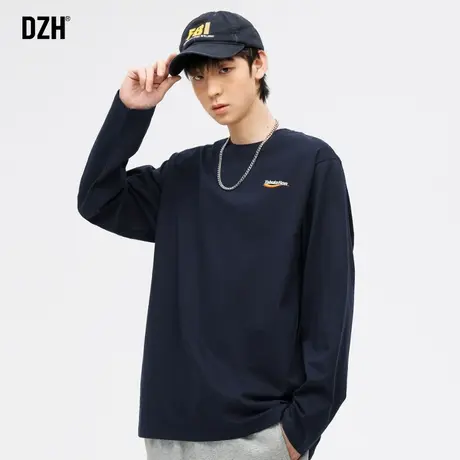 男士藏青色圆领长袖t恤男纯棉春季潮牌打底衫上衣2024年新款体恤图片