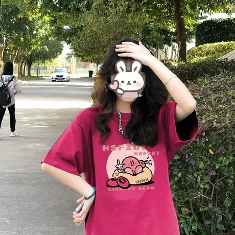 玫红色纯棉短袖t恤女小个子学生宽松显瘦美式复古设计感半袖上衣商品大图